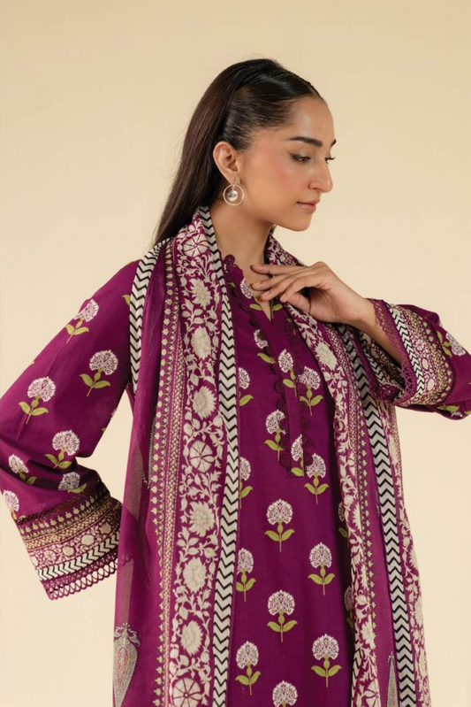 3 Pieces - Beyond East Unstitched Maroon Printed Lawn Suit