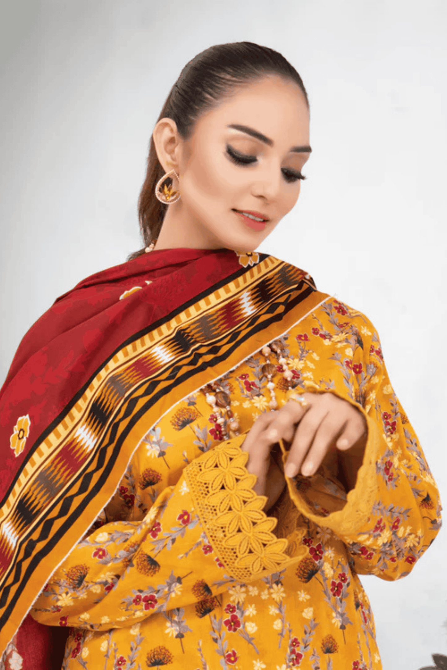 3 Piece - Mahi Unstitched Yellow Ladies Print Lawn Suit