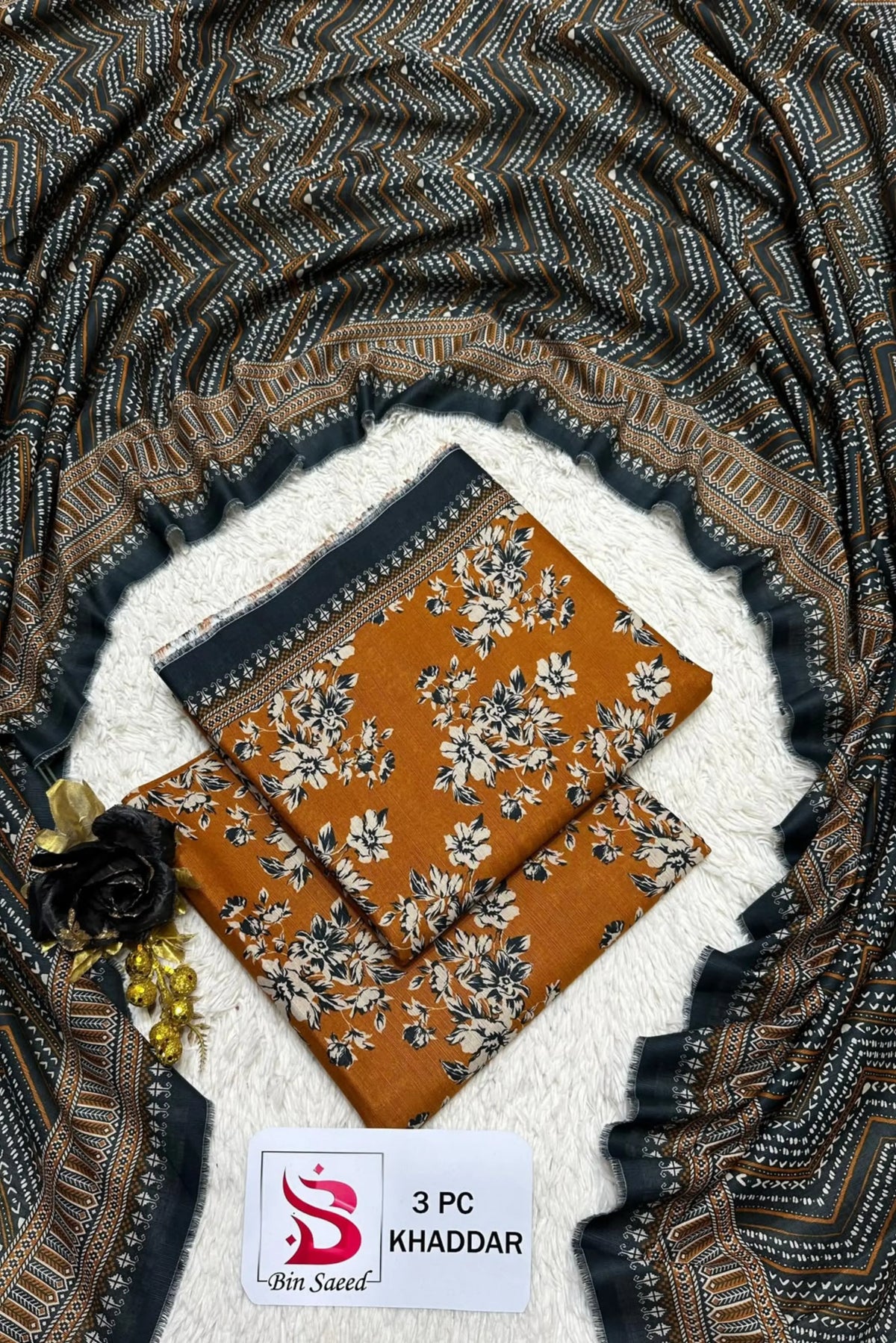 3 Pieces - Bin Saeed Unstitched Mustard Ladies Printed Khaddar Suit