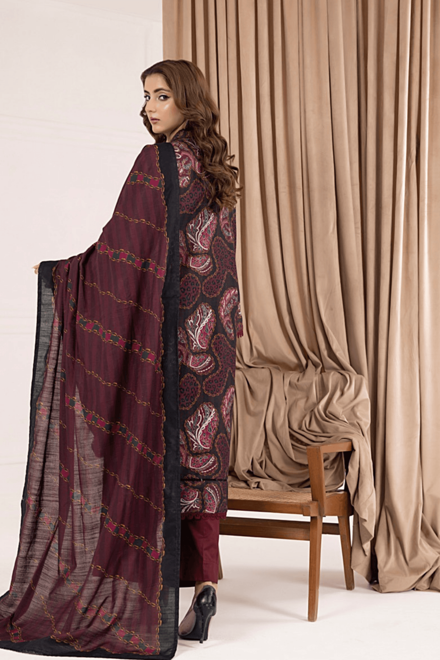 3 Pieces - Regalia Unstitched Maroon Printed Khaddar Suit