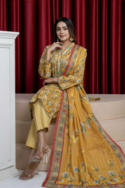 3 Pieces - B&C Unstitched Yellow Printed Lawn Suit