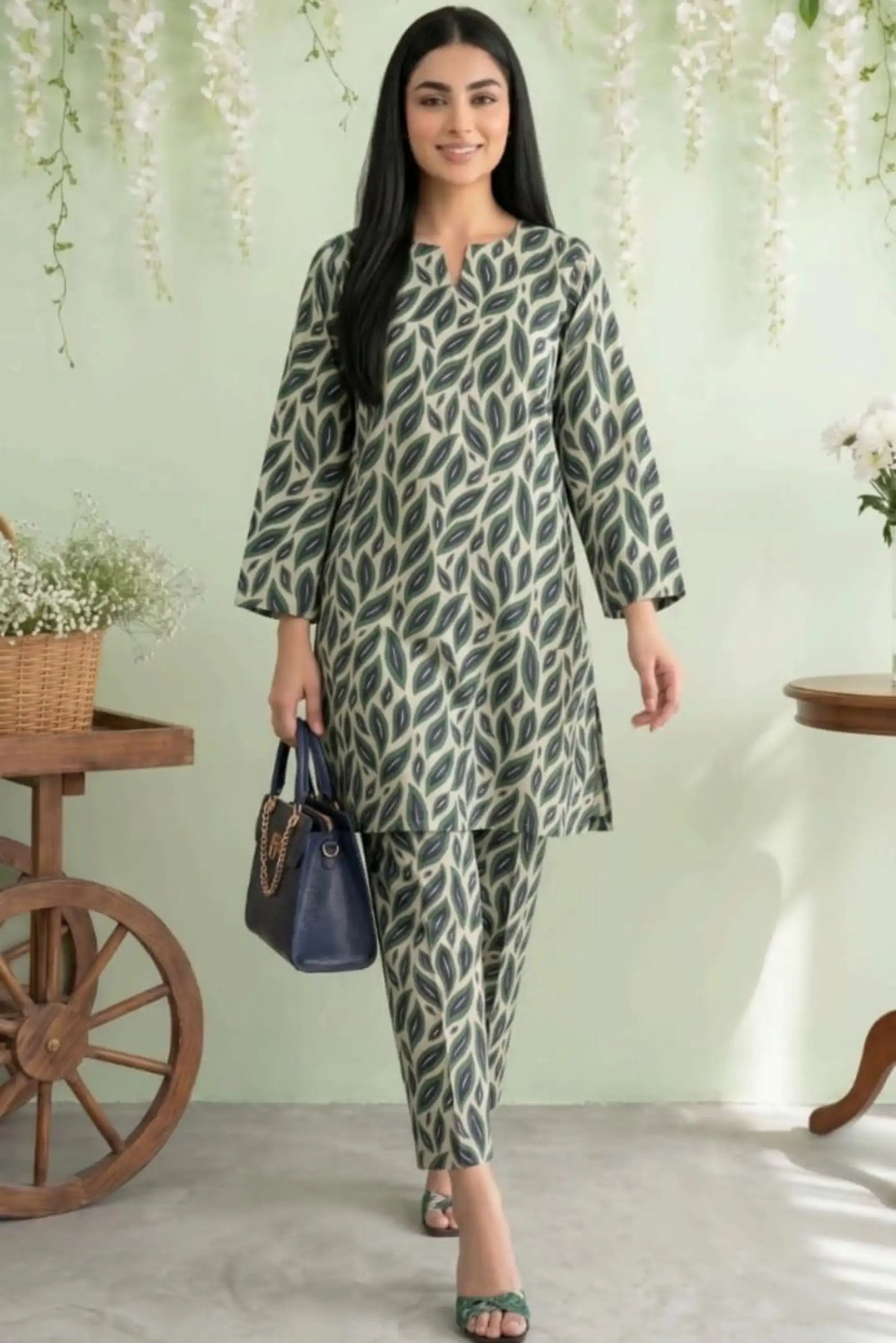 2 Piece- Sohni Dharti Unstitched Off-White Green Ladies Lawn Suit