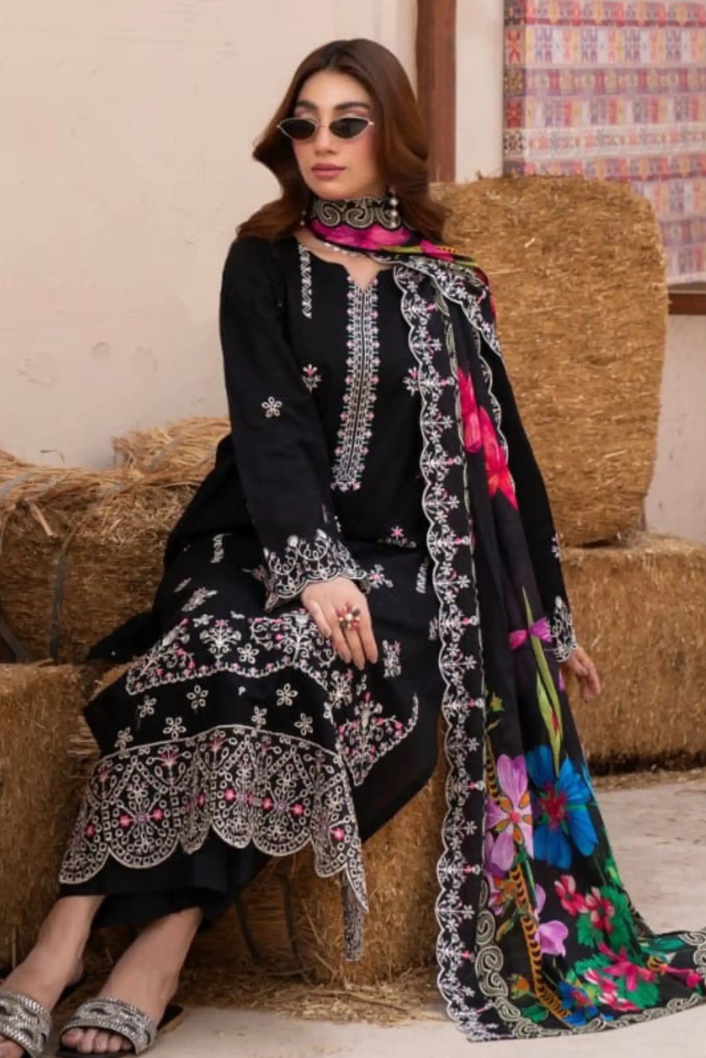 3 Piece - Gold Unstitched Black Embroidered Lawn Suit