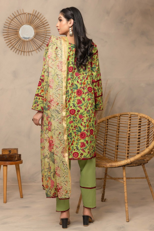 3 Pieces - Regalia Unstitched Pale Green Fancy Zari Dupatta Printed Shirt Lawn Suit