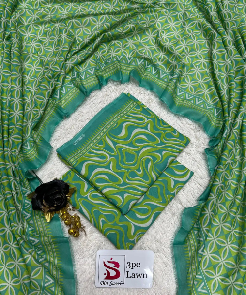 3 Pieces - Bin Saeed Unstitched Green Ladies Lawn Suit