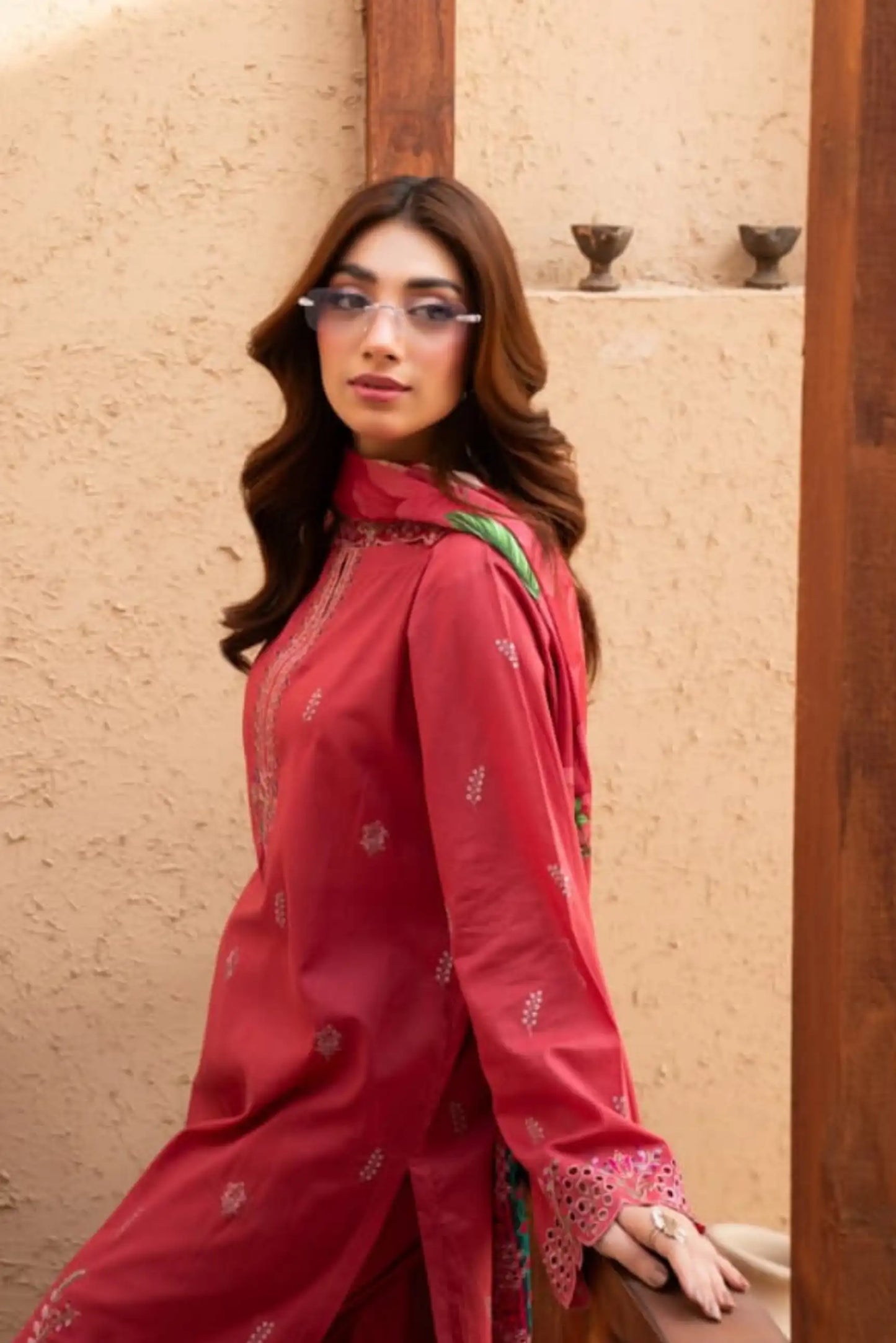 3 Piece - Gold Unstitched Red Embroidered Lawn Suit