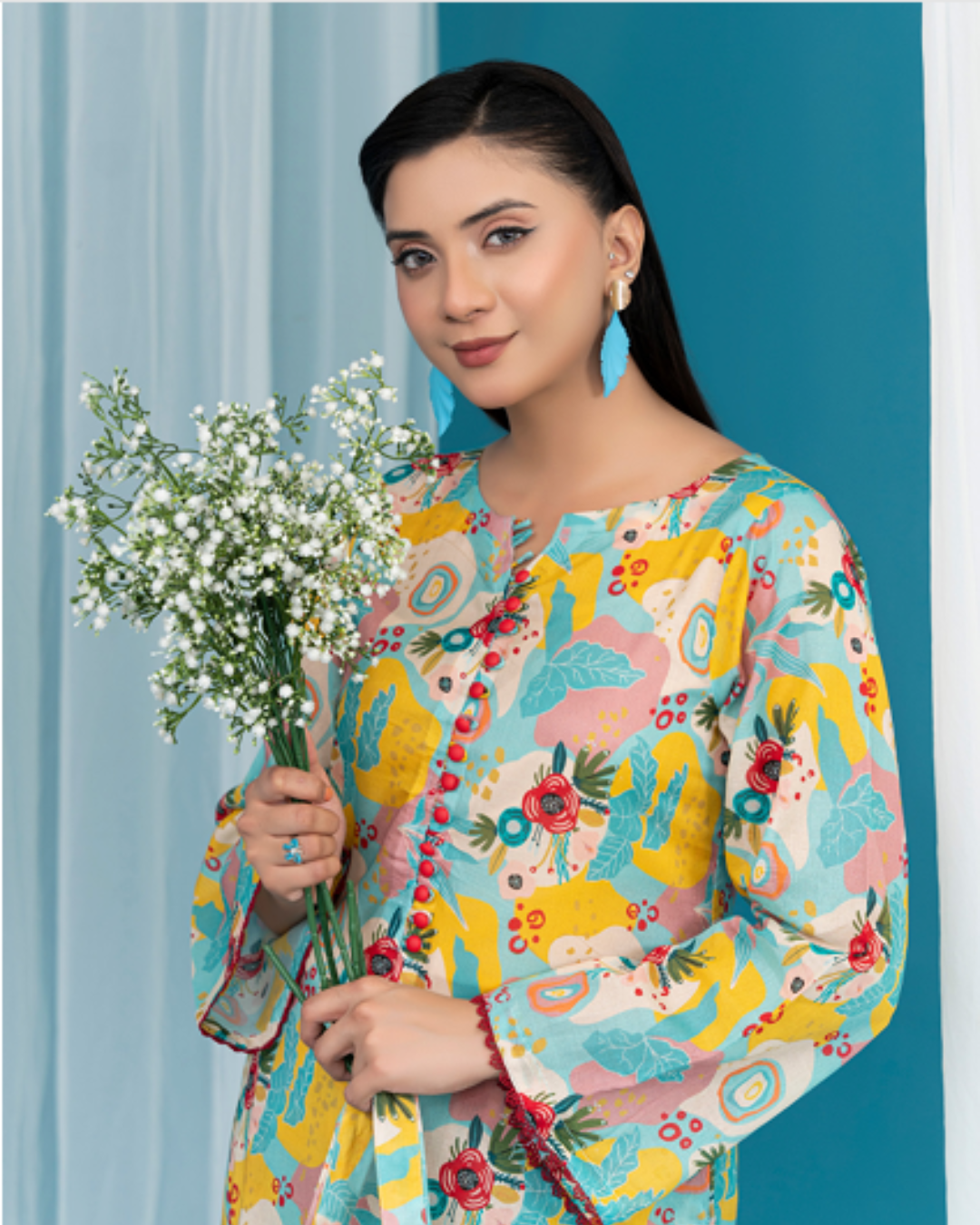 2 Piece - Gold Unstitched White With Multi Ladies Print Lawn Suit