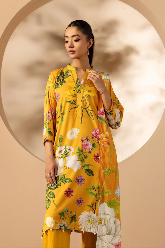 3 Pieces - Rangreza Unstitched Yellow Printed Linen Suit