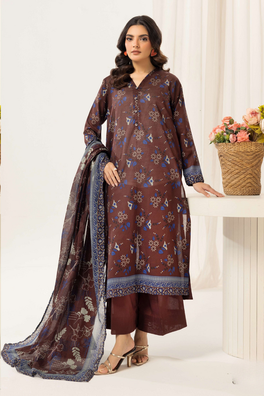 3 Pieces - Haya By Legends Unstitched Chocolate Printed Lawn Suit