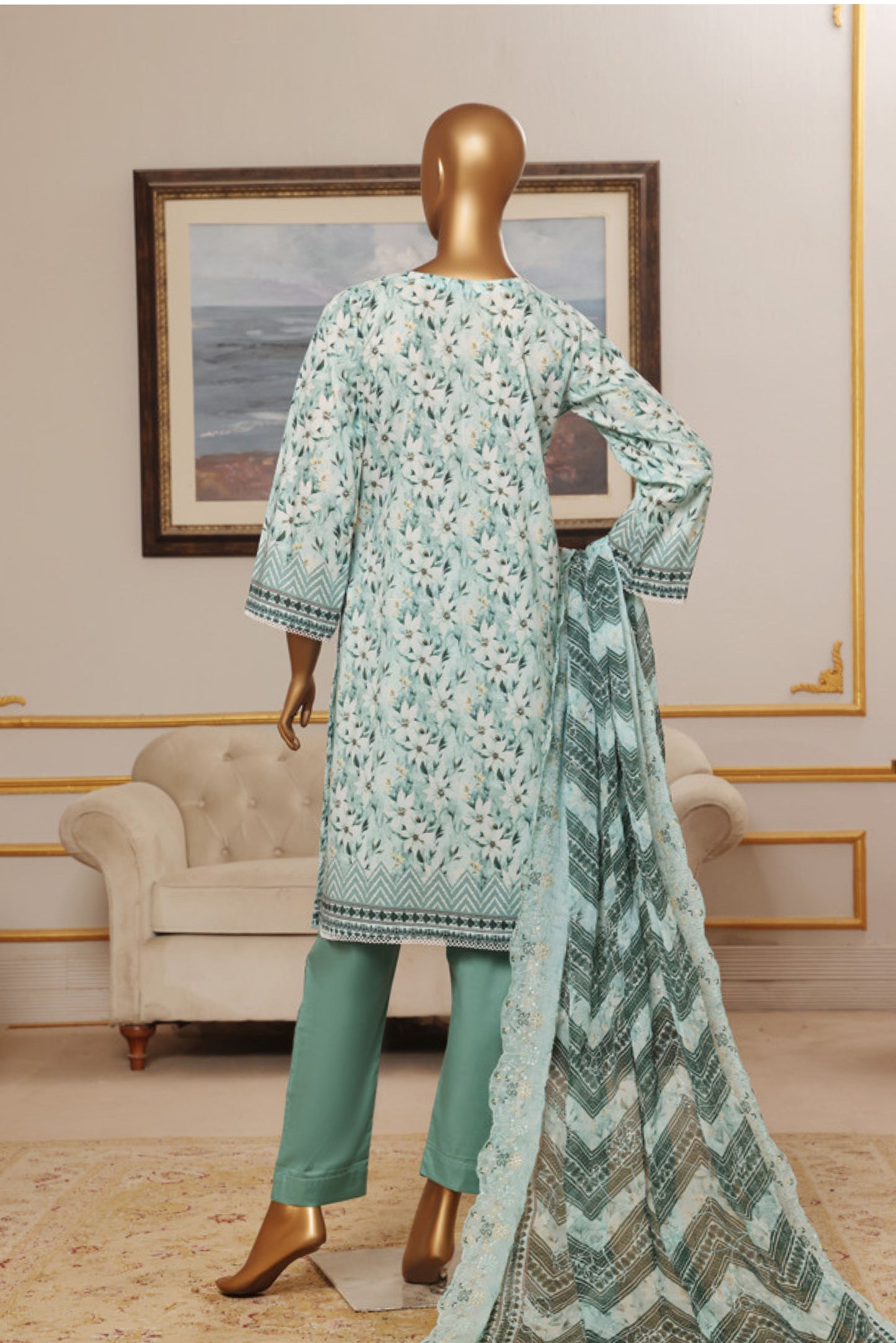 3 Pieces - Riwayat Unstitched Sea Green Embroided Lawn with Cutwork Chiffon Dupatta Suit