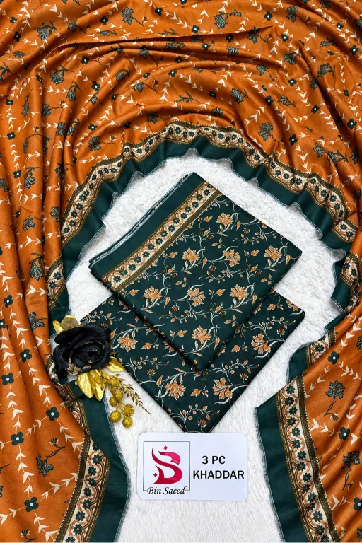 3 Pieces - Bin Saeed Unstitched Dark Green Ladies Khaddar Suit