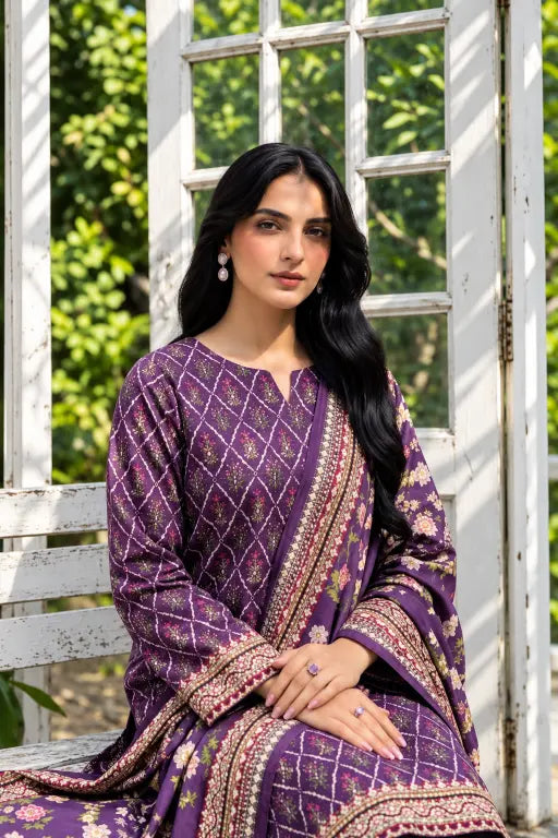 3 Piece - Marooj Ethnic Premium Printed Unstitched Purple khaddar Suit