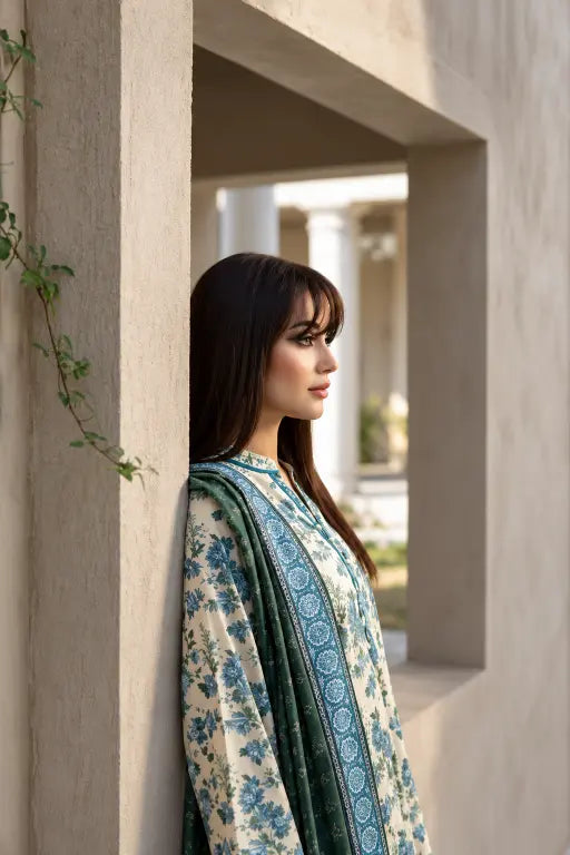 3 Piece - Marooj Ethnic Premium Printed Unstitched OFF-White khaddar Suit
