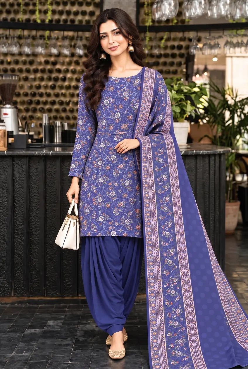 3 Piece -Bella By Zainab Chottani Printed Unstitched Blue khaddar Suit