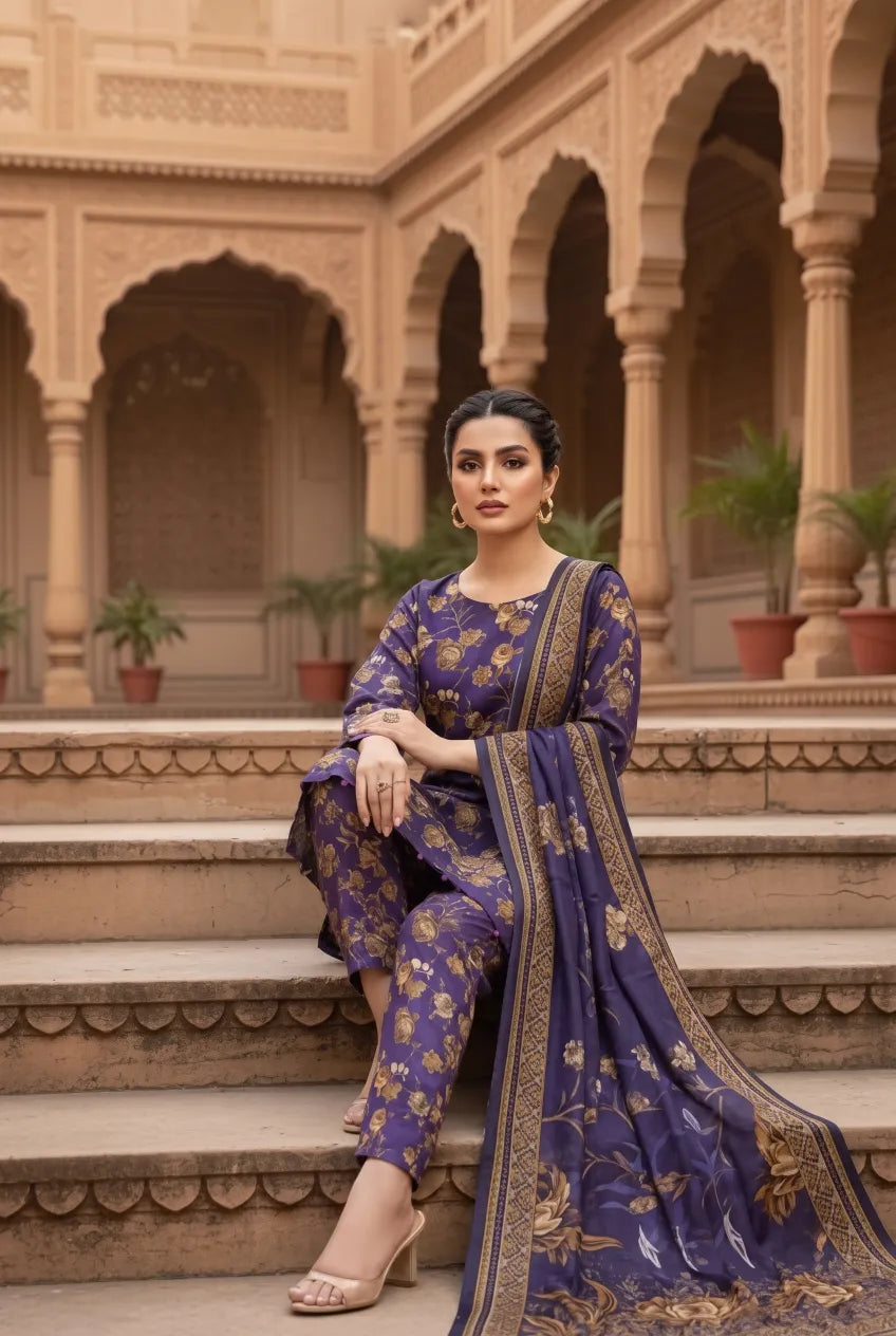 3 Pieces - Marooj Unstitched Purple BanaDora Linen Suit