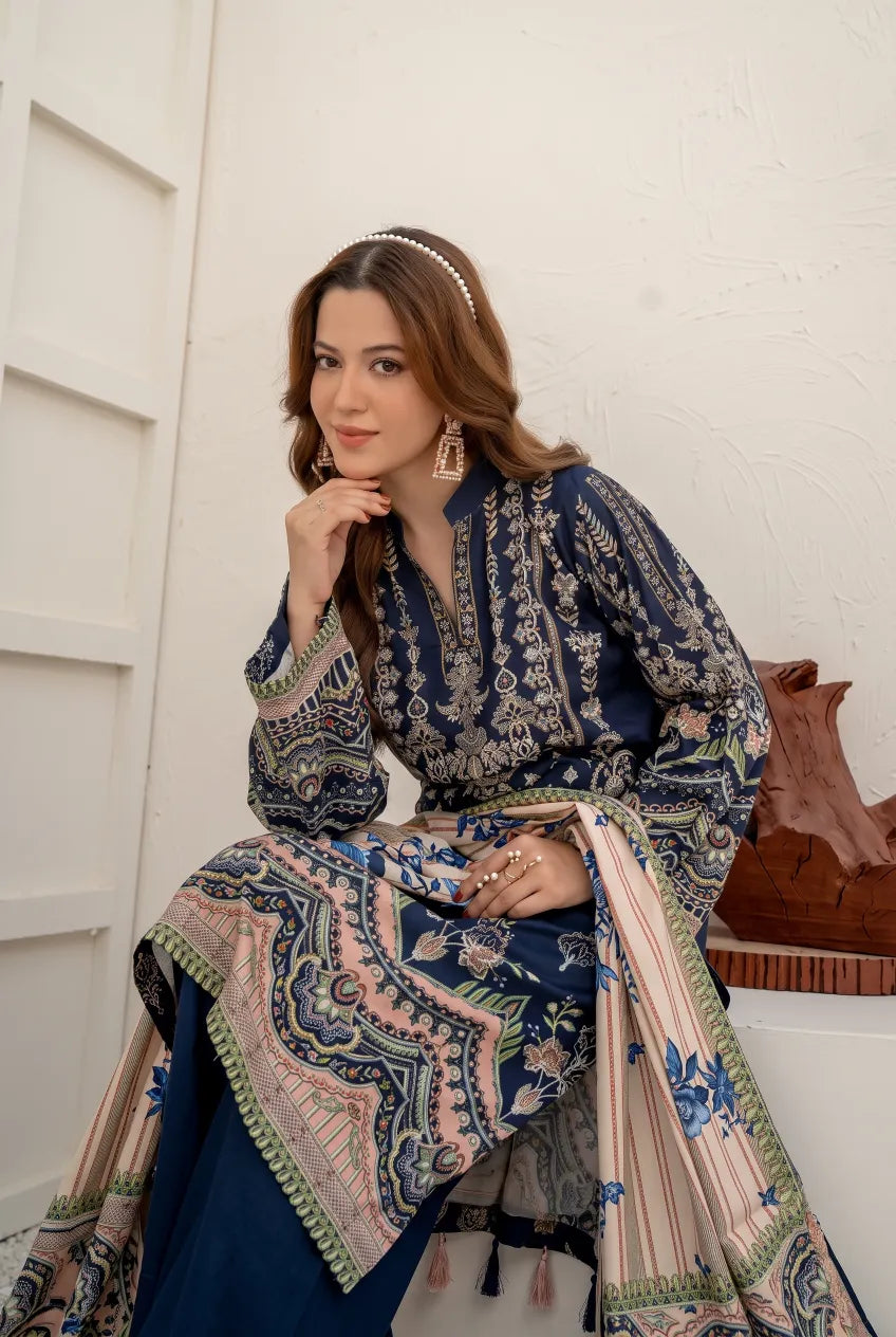 3 Pieces - Marooj Unstitched Dark Blue BanaDora Linen Suit