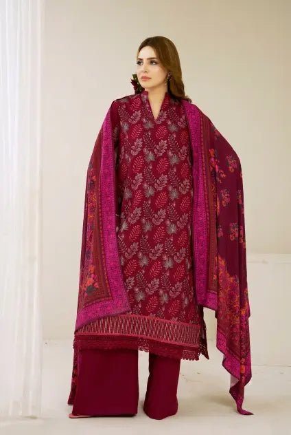 3 Pieces - Marooj Luxury Embroidered Unstitched Maroon Karandi Ladies Suits