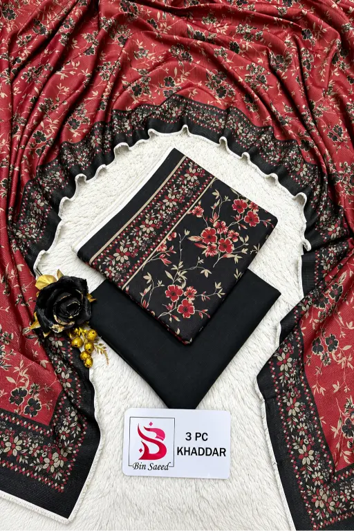 3 Pieces - Bin Saeed Unstitched Black Ladies Printed Khaddar Suit