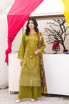 3 Piece - Gold Unstitched Mehndi Embroidered Lawn Suit