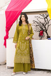 3 Piece - Gold Unstitched Mehndi Embroidered Lawn Suit