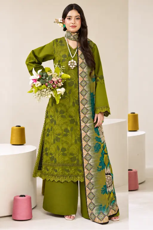 3 Pieces - Marooj Luxury Embroidered Unstitched Mehndi Karandi Ladies Suits
