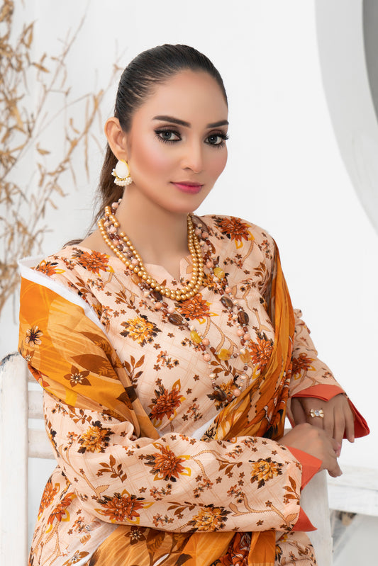 3 Piece - Mahi Unstitched Peach Ladies Transliminor Magic Print Lawn Suit