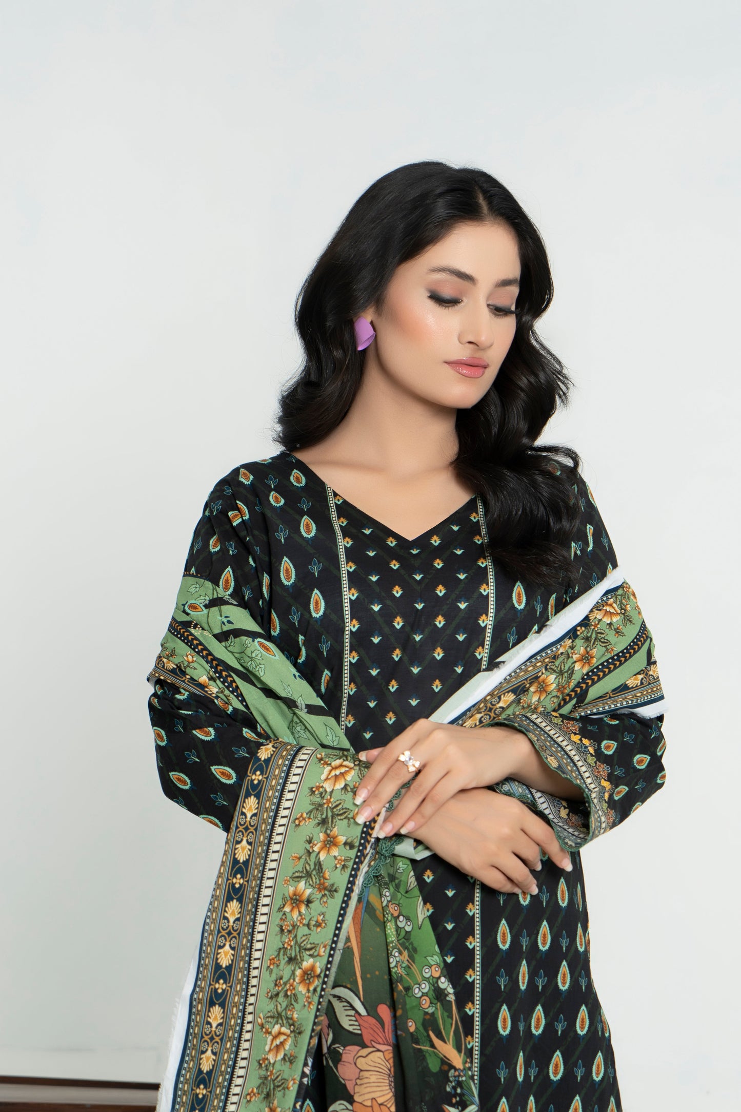 3 Piece - Junoon Unstitched Olive Green Ladies Print Lawn Suit