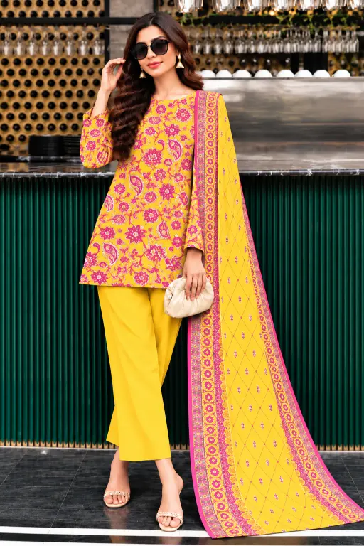 3 Piece -Bella By Zainab Chottani Printed Unstitched Yellow khaddar Suit