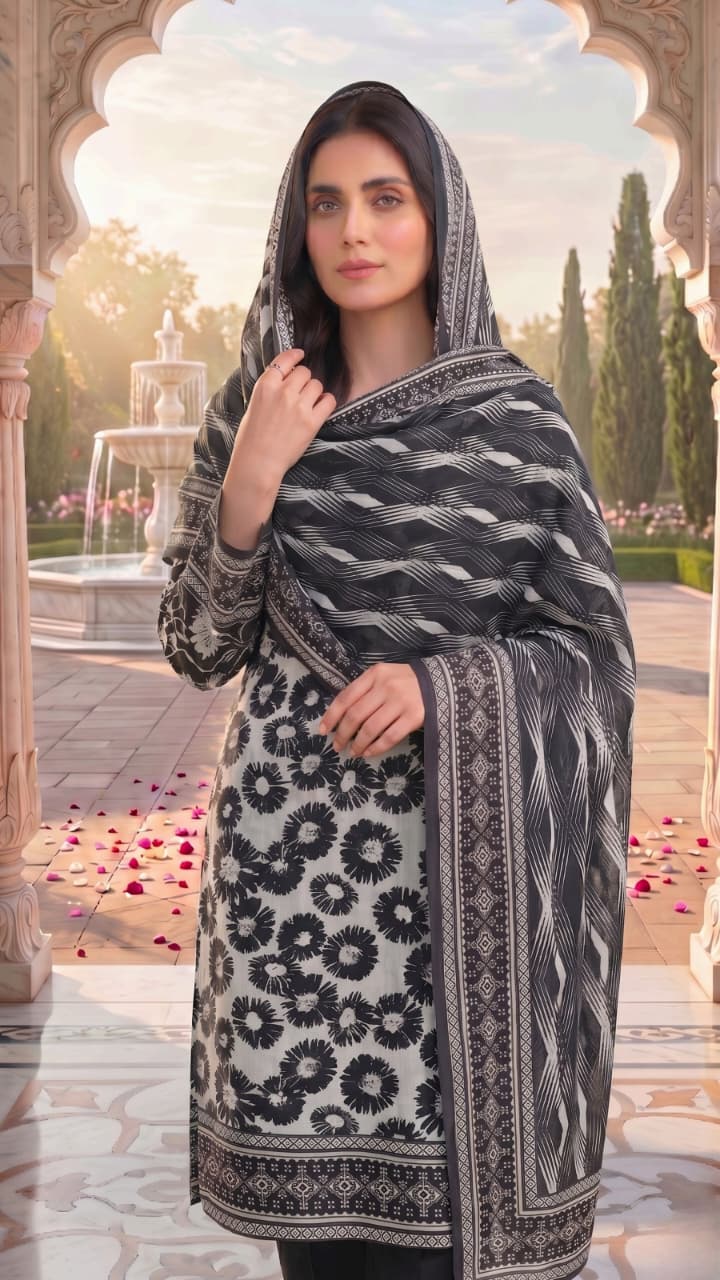 3 Pieces - Sohni Dharti Unstitched Black And White Lawn Suit