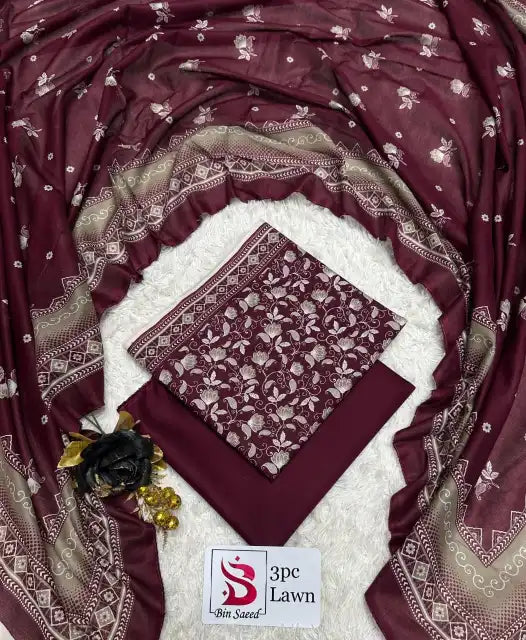 3 Pieces - Bin Saeed Unstitched Maroon Ladies Lawn Suit