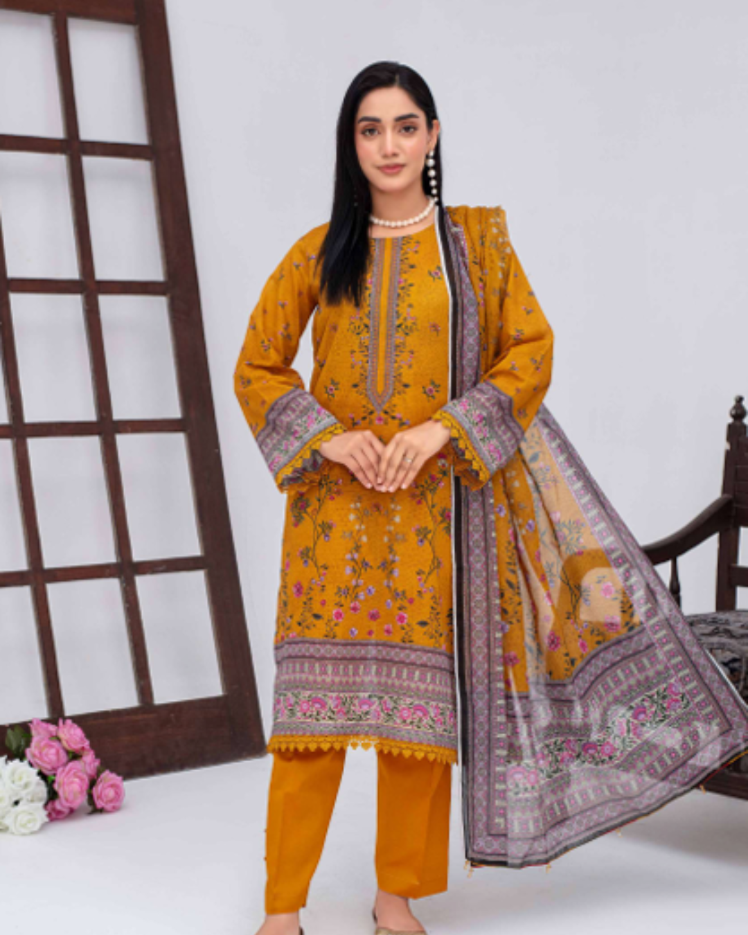3 Piece - Mojoberry Unstitched Yellow Ladies Banadora Print Lawn Suit