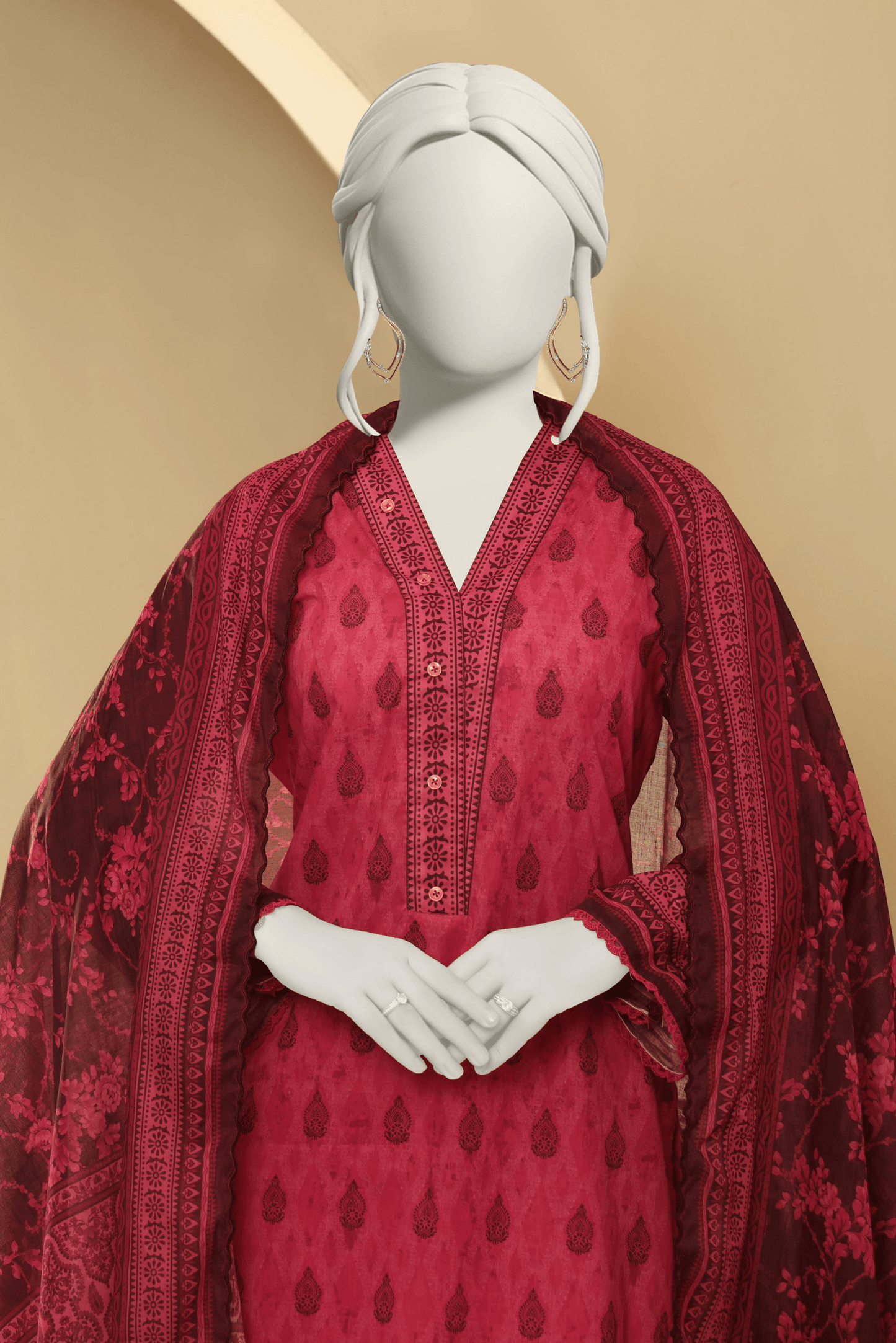 3 Pieces - Almeerah Unstitched Maroon Printed Lawn Suit