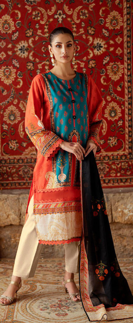 3 Pieces - GulAhmad Unstitched Bright Orange Printed Lawn Suit