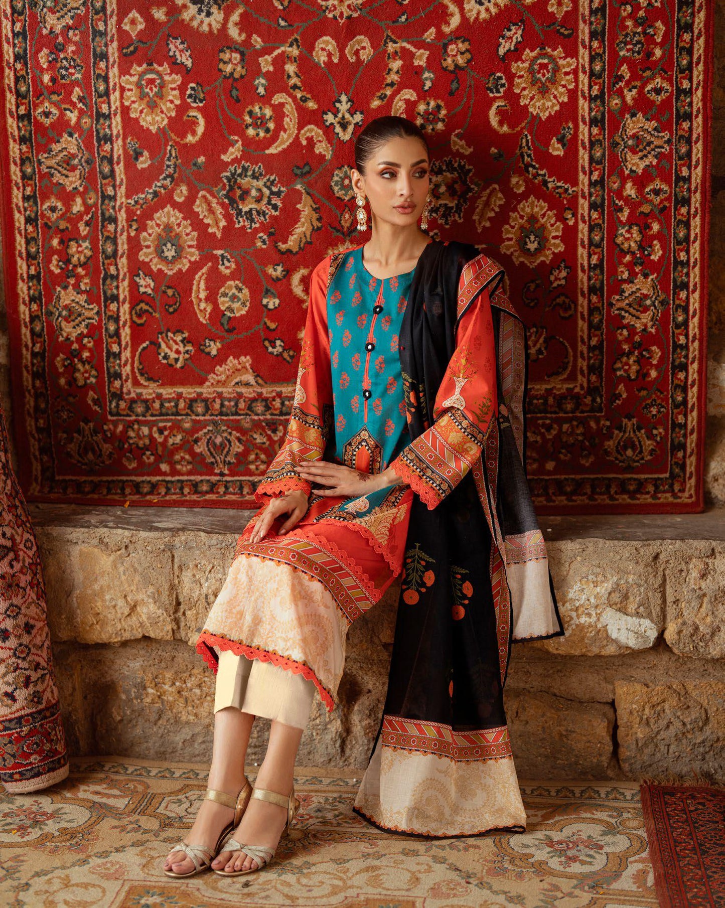 3 Pieces - GulAhmad Unstitched Bright Orange Printed Lawn Suit