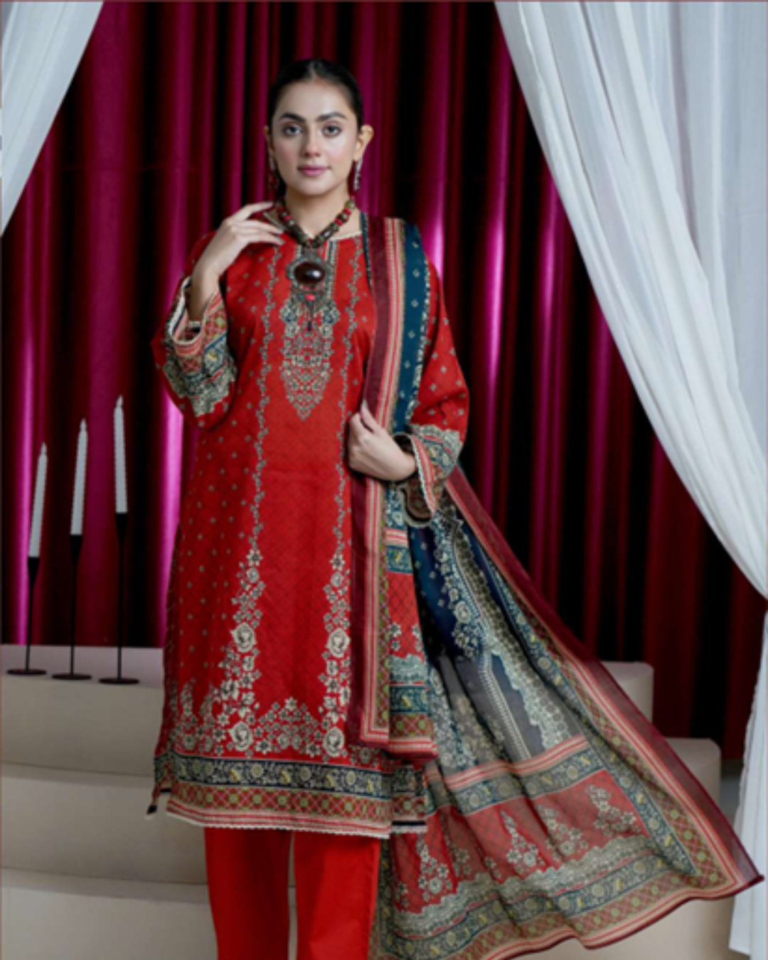 3 Piece - Arfa Unstitched Red Ladies Transliminor Magic Print Lawn Suit