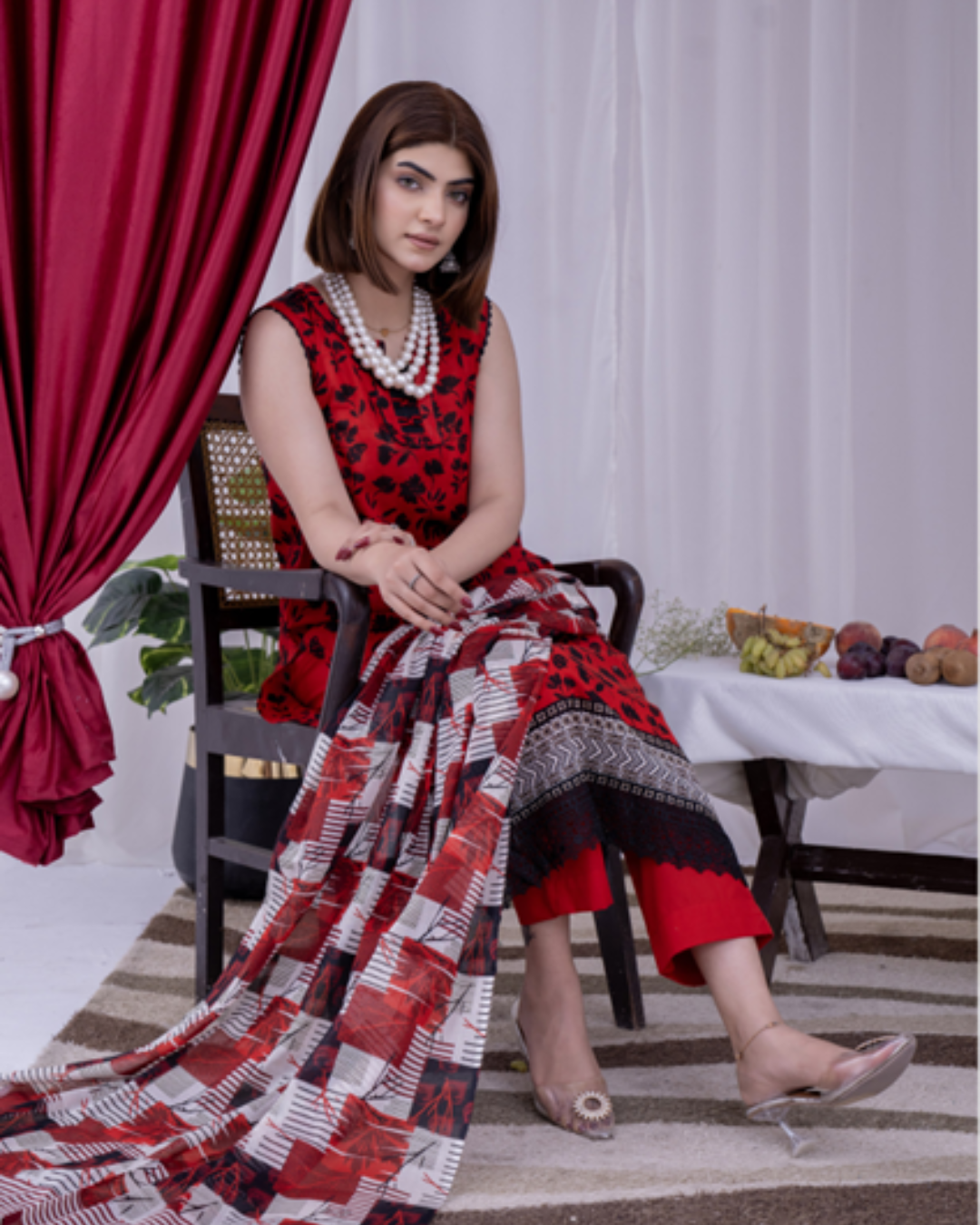 3 Piece - Arfa Unstitched Red Ladies Transliminor Magic Print Lawn Suit