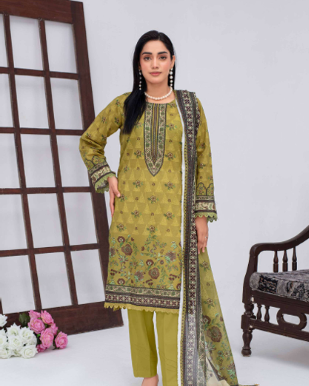 3 Piece - Mojoberry Unstitched Olive Green Ladies Banadora Print Lawn Suit