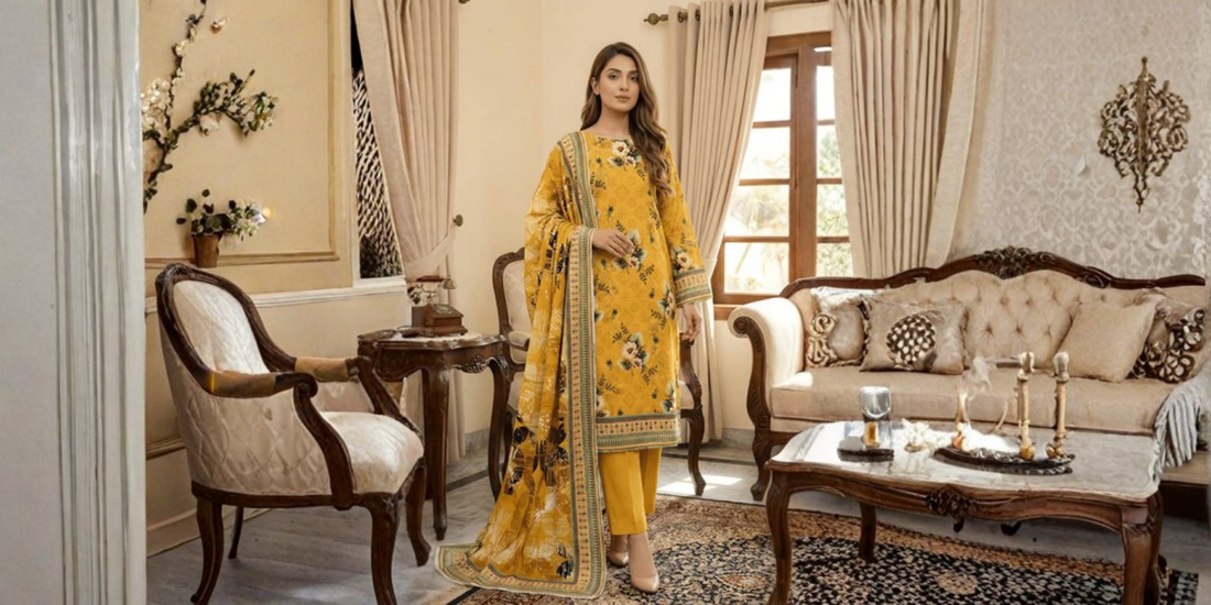 3 Pieces – Arfa Unstitched Mustard Chamki Print Lawn Suit