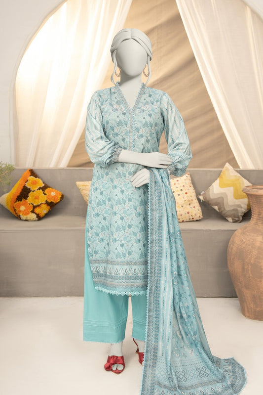 3-Piece Almeerah Unstitched Sky Blue Printed Lawn Suit