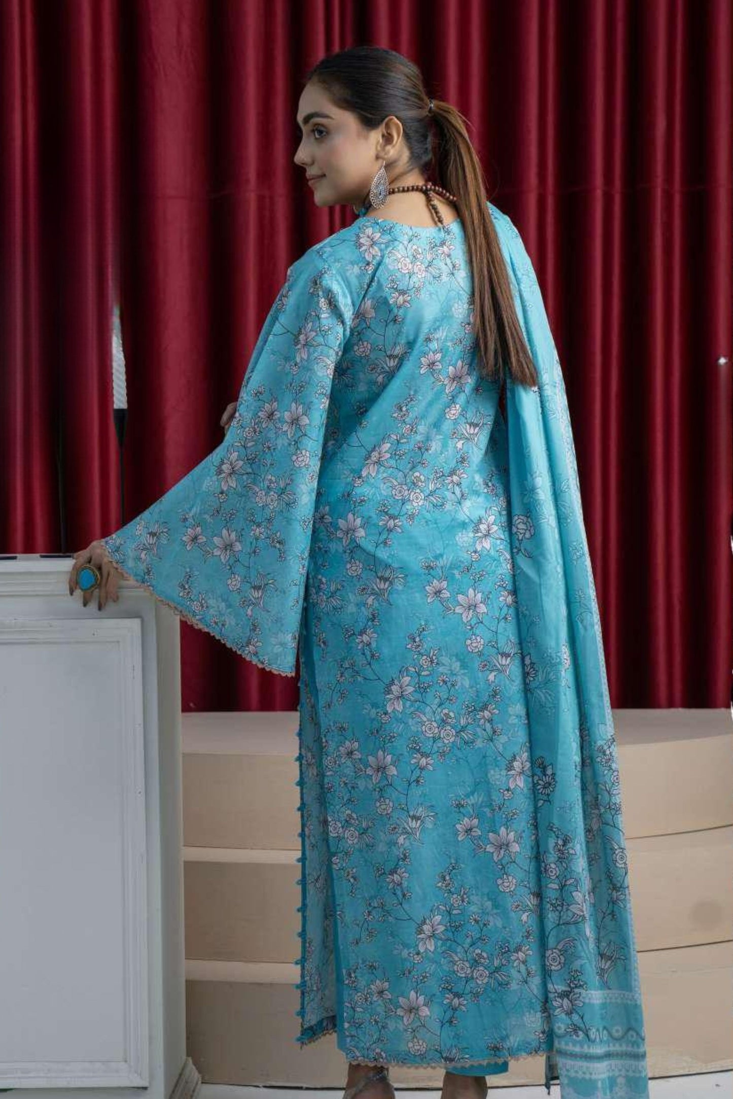 3 Pieces - B&C Unstitched Firozi Printed Lawn Suit