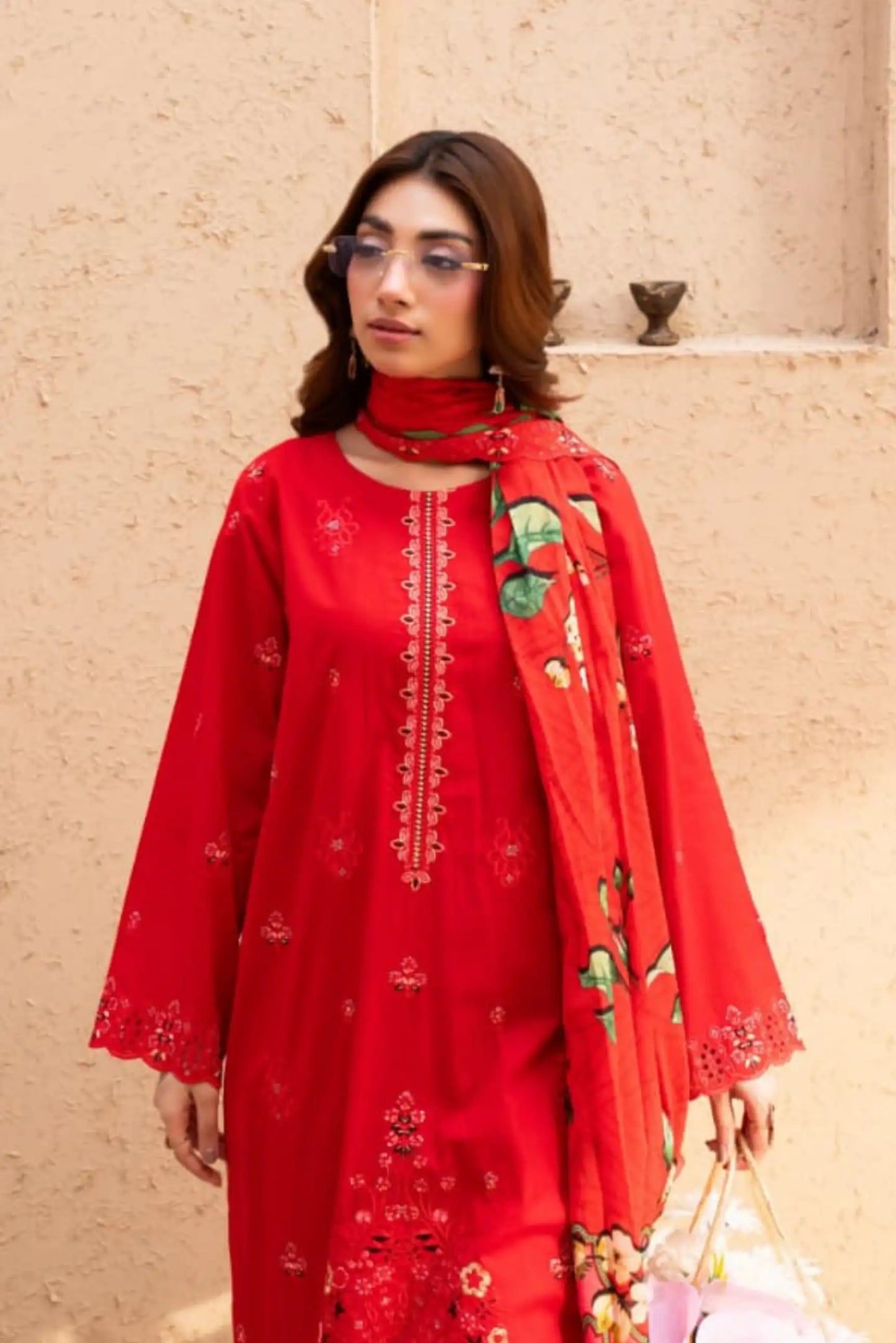 3 Piece - Gold Unstitched Red Embroidered Lawn Suit
