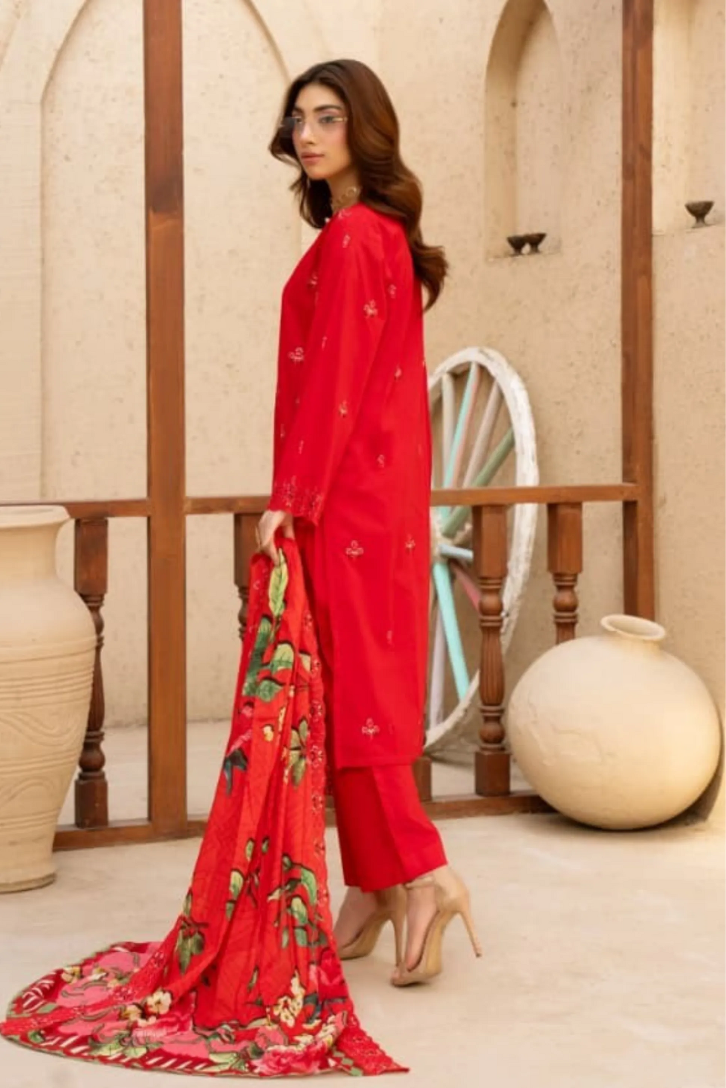 3 Piece - Gold Unstitched Red Embroidered Lawn Suit