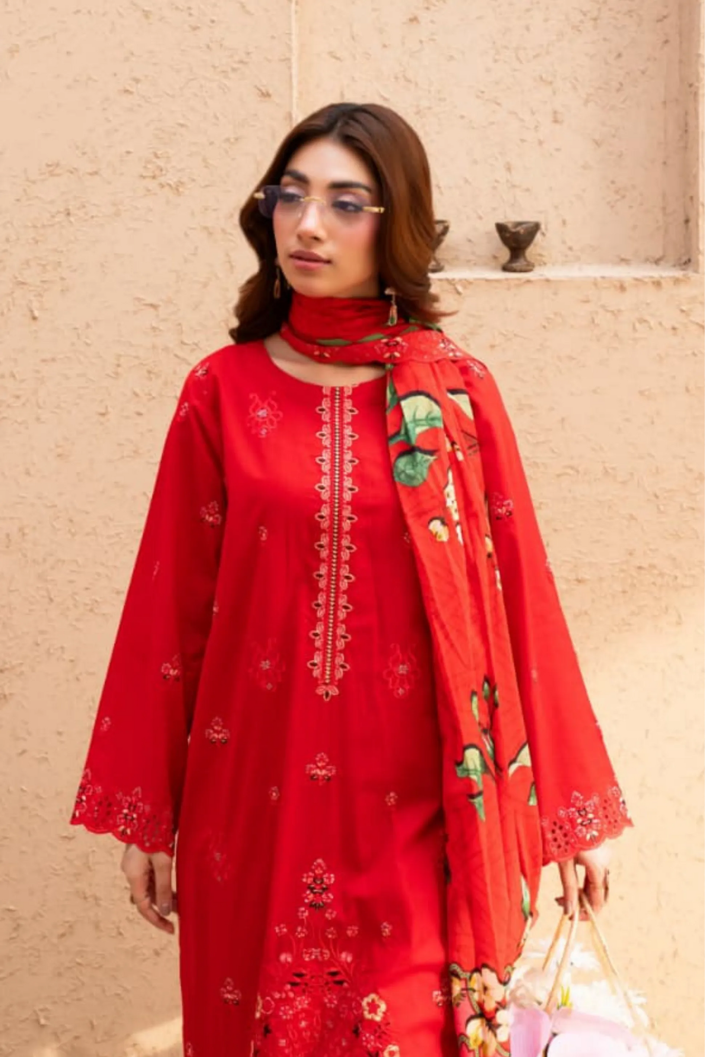3 Piece - Gold Unstitched Red Embroidered Lawn Suit