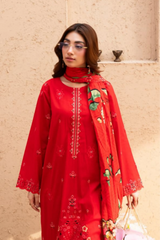 3 Piece - Gold Unstitched Red Embroidered Lawn Suit