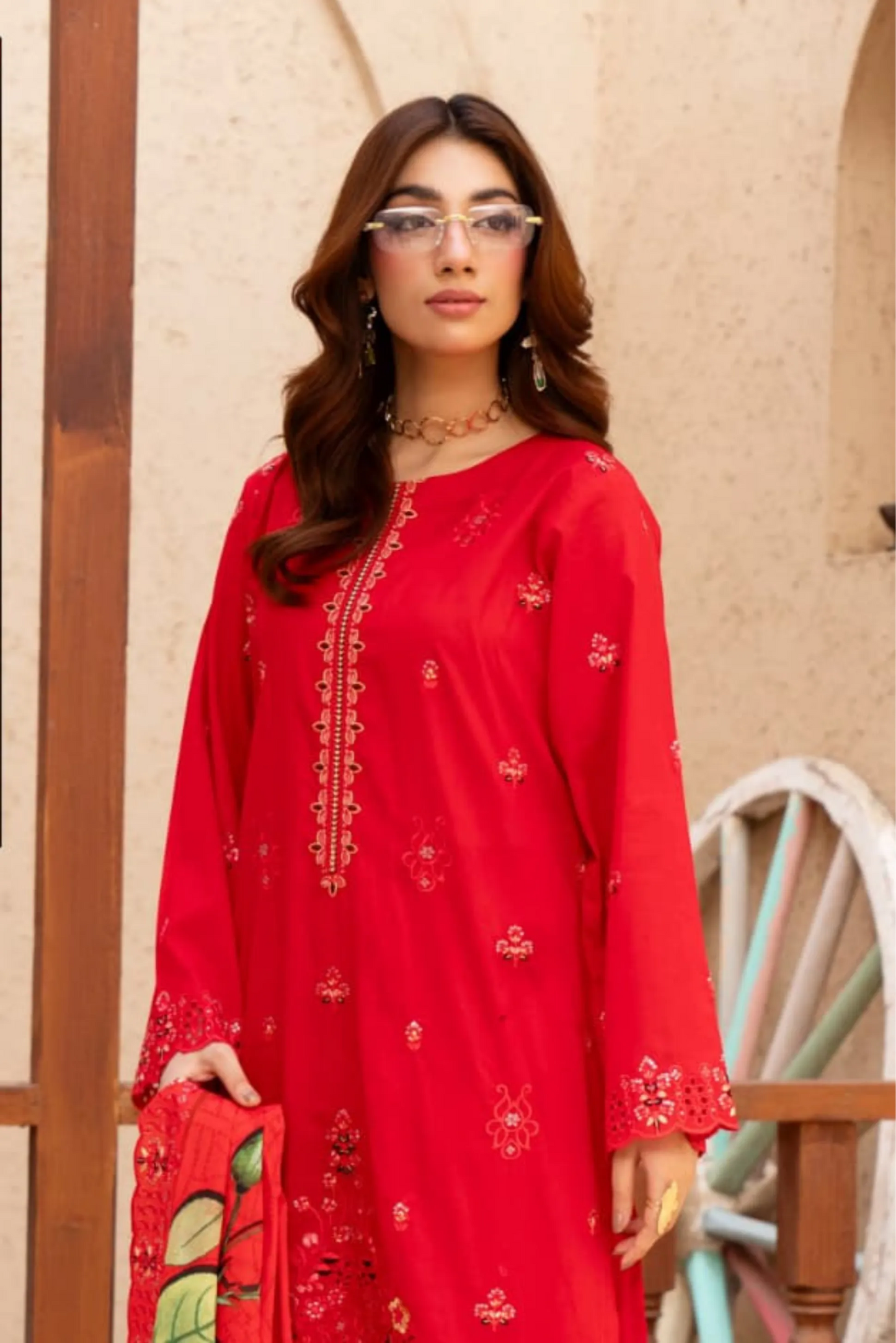 3 Piece - Gold Unstitched Red Embroidered Lawn Suit