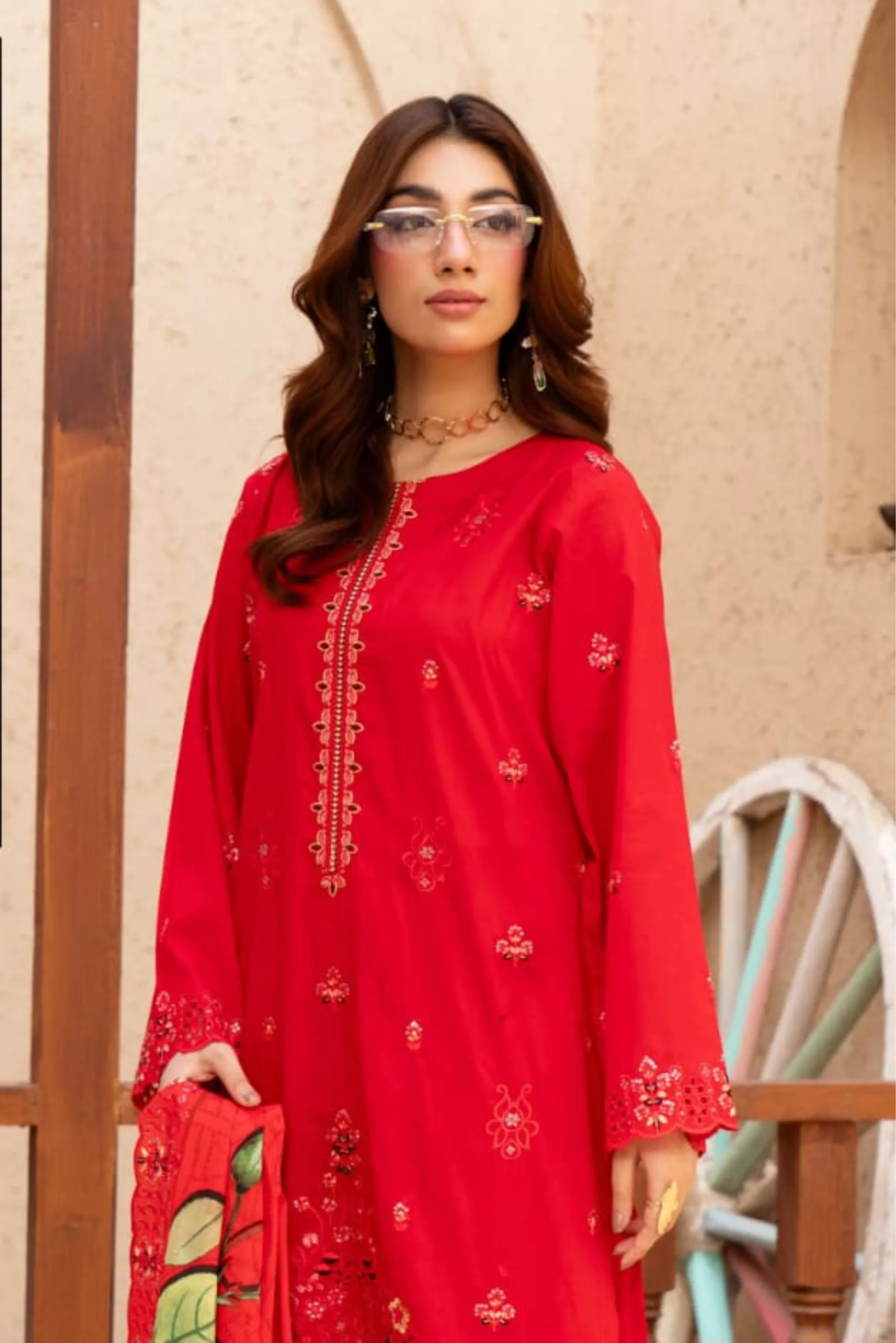 3 Piece - Gold Unstitched Red Embroidered Lawn Suit