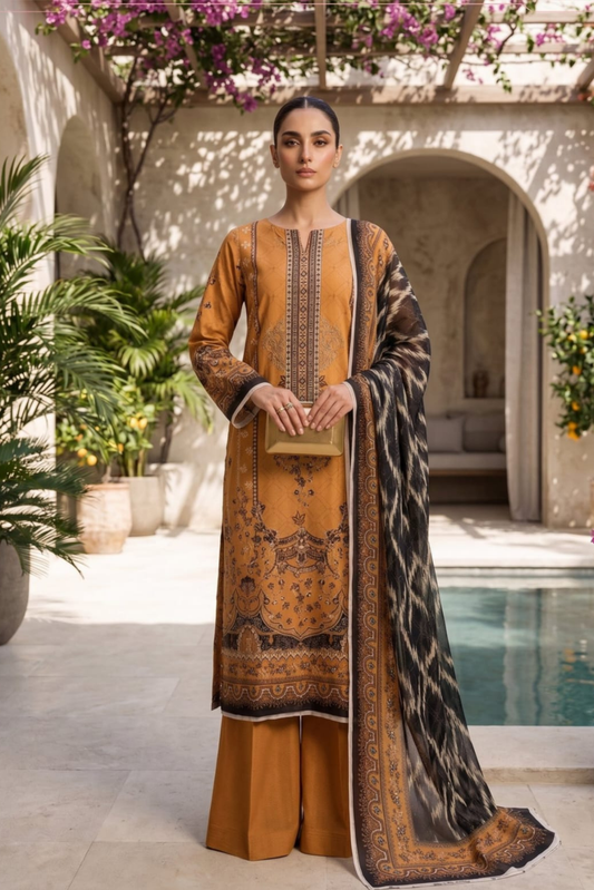 3 Pieces - Sohni Dharti Unstitched Orange Print Lawn Suit