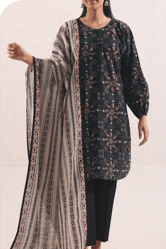 3 Pieces - Saya Unstitched Black Printed Khaddar Suit