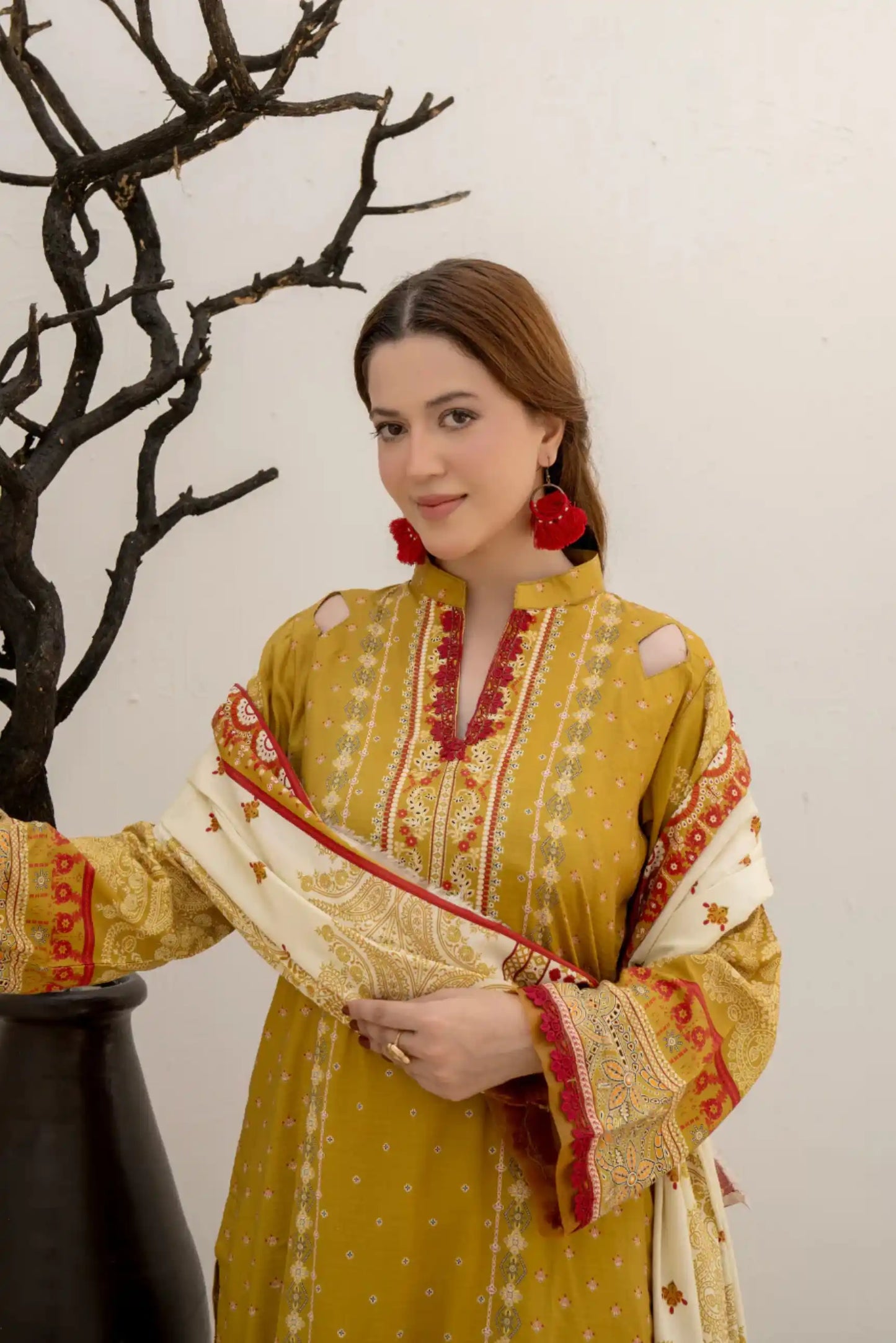 3 Pieces - Marooj Unstitched Mustard Yellow BanaDora Linen Suit