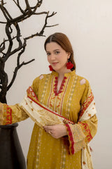 3 Pieces - Marooj Unstitched Mustard Yellow BanaDora Linen Suit
